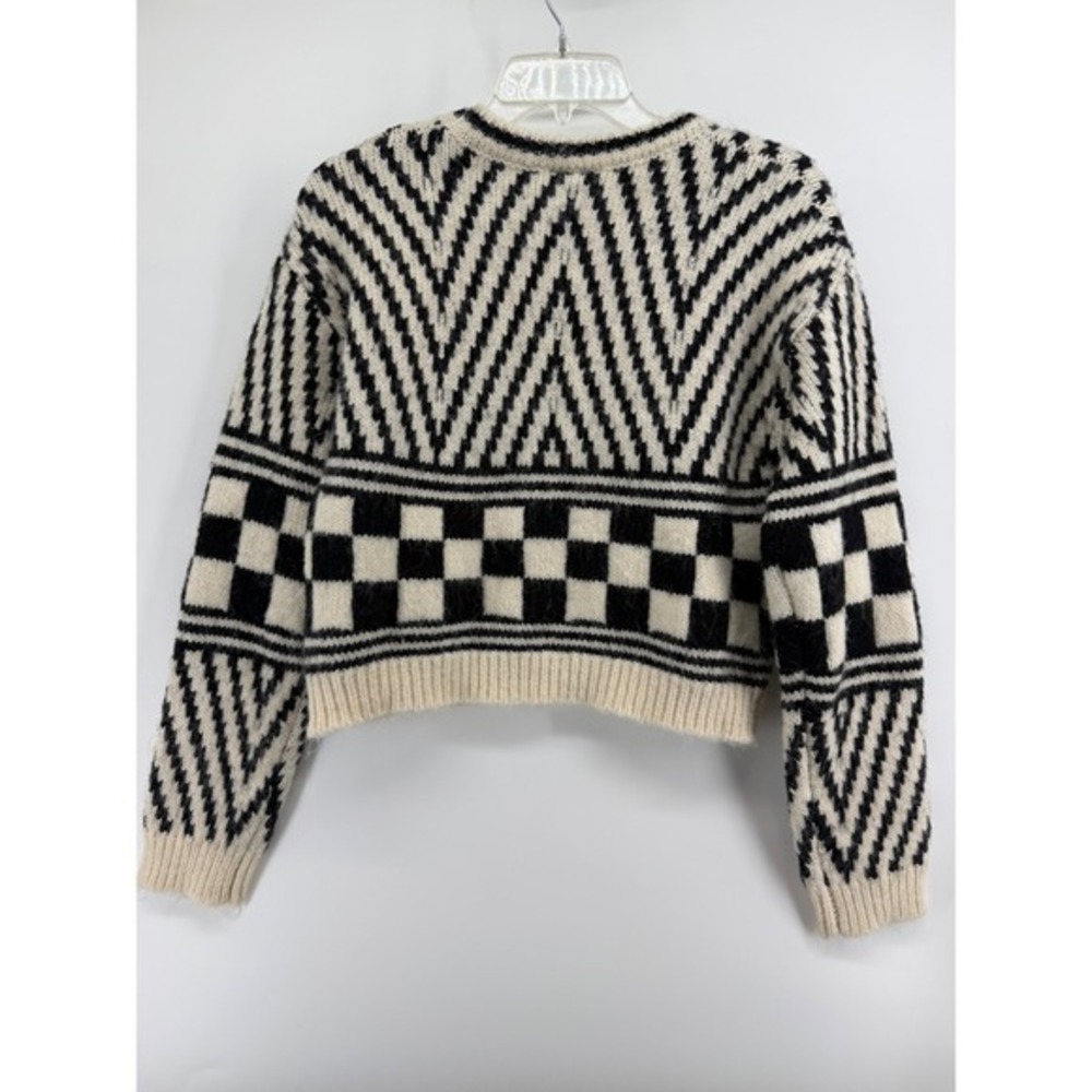 Miou Muse Black Ivory Geometric Chevron Checkerboard Cropped Knit Sweater M - Picture 5 of 8